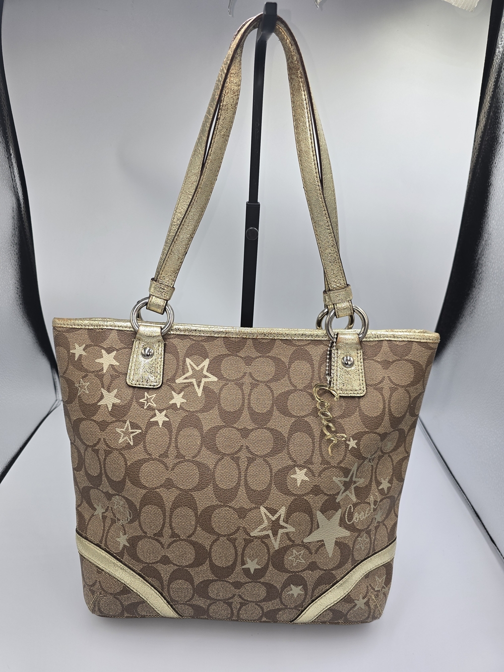 COACH F18853 Khaki Signature C Star Print Metallic Gold Trim Tote Shoulder Bag**
